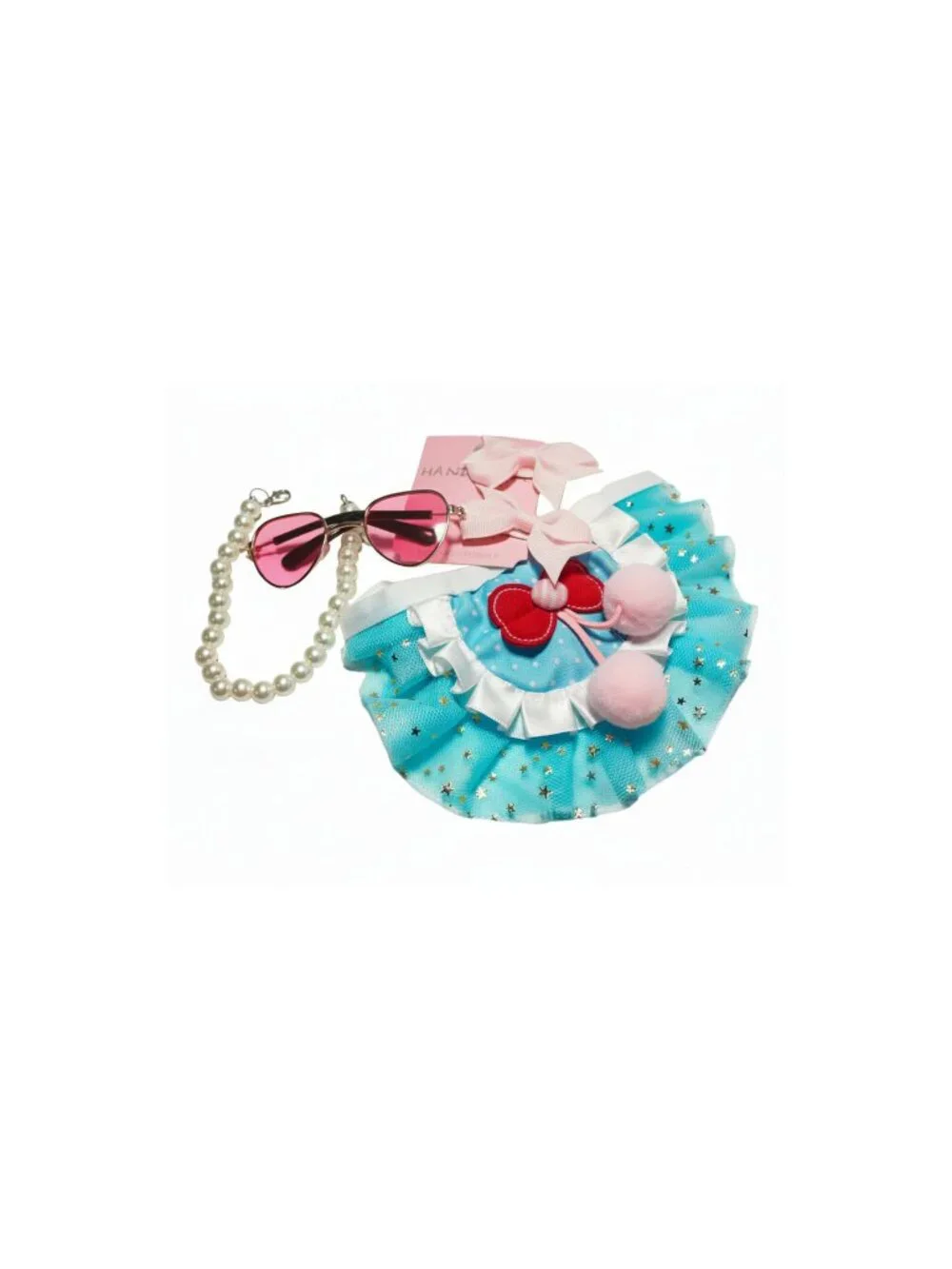 Blue Tutu XS Dog Outfit Pearl Collar & Sunglasses